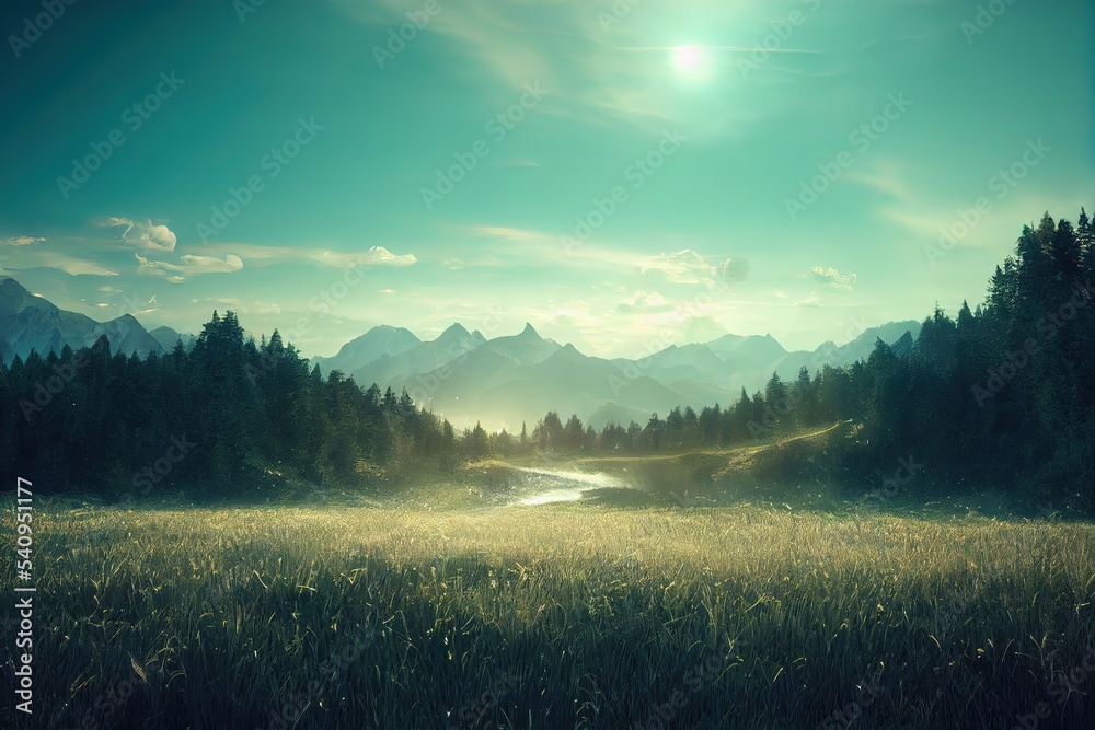 Poster A field of dry grass grows between green pines at the foot of a mountain range. 3D illustration