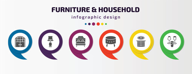furniture & household infographic template with icons and 6 step or option. furniture & household icons such as double door, table lamp, headboard, footstool, lowboy, glassware vector. can be used