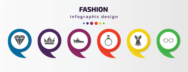 fashion infographic template with icons and 6 step or option. fashion icons such as diamond, monarchy, footwear, fiance, summer dress, eyewear vector. can be used for banner, info graph, web,