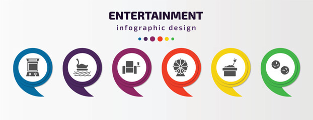 entertainment infographic template with icons and 6 step or option. entertainment icons such as arcade hine, swan boat, cinema seat, ferris wheel, sandbox, pom pom vector. can be used for banner, © Farahim