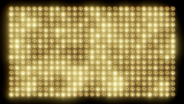 Flickering glowing rectangle animation of light bulbs on a black background. Bright seamless loop motion graphics of light film border. Stage light wall with blinking effect