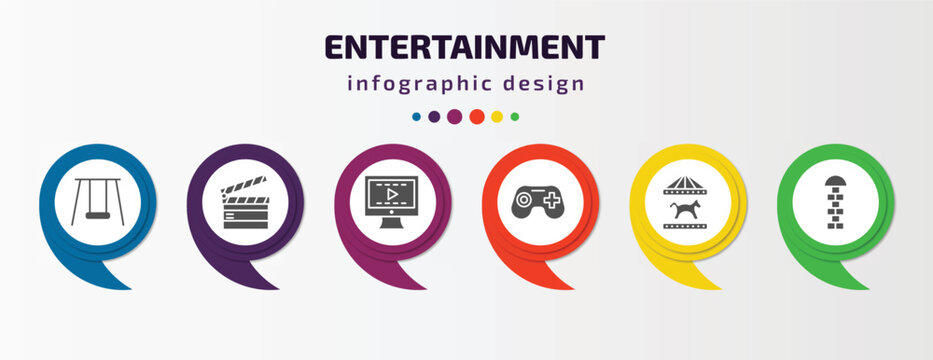 entertainment infographic template with icons and 6 step or option. entertainment icons such as swing, clapboard, video editing, joystick, carousel horse, hopscotch vector. can be used for banner,