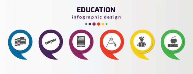 education infographic template with icons and 6 step or option. education icons such as archives, rolled diploma, tactile tablet, draw with compass, man reading, book and vector. can be used for