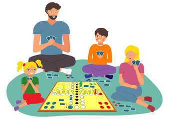 Family night game home activities. People are having fun at home playing card games on the floor. Spend time family. Board Game