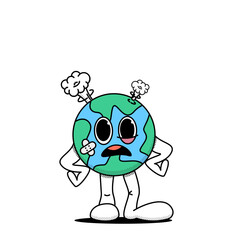 The cartoon planet Earth stands in a displeased pose, damaged. The concept of consumer attitude to the planet. Caring for the environment. Doodle style. Stock vector illustration of planet Earth. 