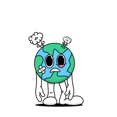 The cartoon planet Earth stands in a displeased pose, damaged. The concept of consumer attitude to the planet. Caring for the environment. Doodle style. Stock vector illustration of planet Earth. 