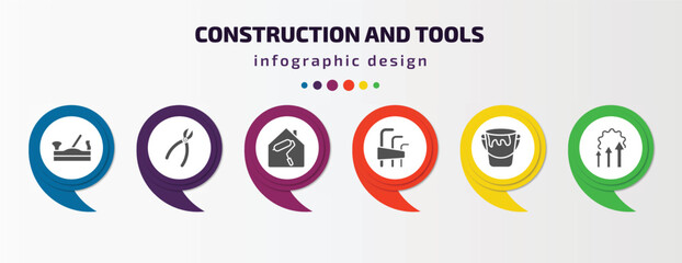 construction and tools infographic template with icons and 6 step or option. construction and tools icons such as jack plane, clipper, home repair, allen keys, open paint bucket, improvement vector.