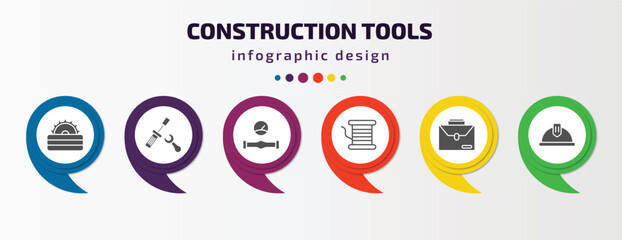 construction tools infographic template with icons and 6 step or option. construction tools icons such as carpenter cutter, repair screwdriver, gas pipe, copper, businessman portfolio, safety helmet