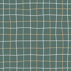 Hand drawn grid pattern in green, white and brown colors. Texture abstract geometric. Vector background with pastel colors. Vector illustration