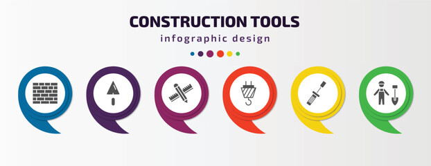 construction tools infographic template with icons and 6 step or option. construction tools icons such as brick wall, trowel, pencil and ruler, hook with cargo, garage screwdriver, working shovel