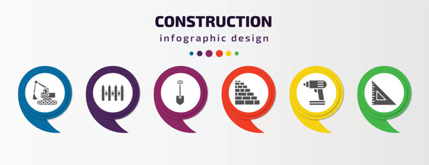 construction infographic template with icons and 6 step or option. construction icons such as backhoes, garden fence, big shovel, birck wall, electric drill, angle ruler vector. can be used for