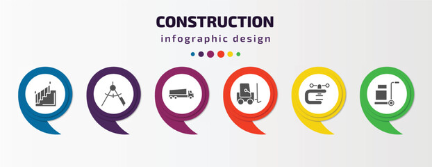 construction infographic template with icons and 6 step or option. construction icons such as stairs with handle, drawing compass, tipper, trolley truck, vise, trolley with cargo vector. can be used