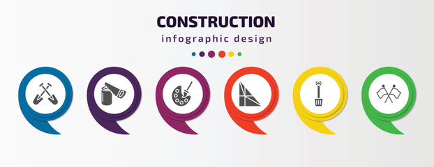 construction infographic template with icons and 6 step or option. construction icons such as two shovels, wood saw, pallete, joist, inclined shovel, flags crossed vector. can be used for banner,