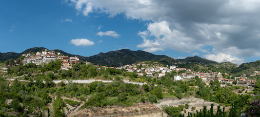 Fototapeta na wymiar Aerial drone scenery of mountain traditional village of Agros. Troodos mountains Cyprus