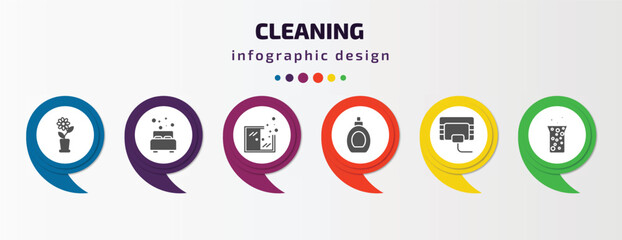 cleaning infographic template with icons and 6 step or option. cleaning icons such as rose cleanin, clean room, cleaning window, perfume cleanin, compress cleanin, hard water vector. can be used for