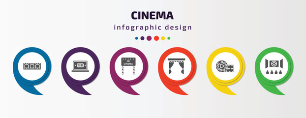 cinema infographic template with icons and 6 step or option. cinema icons such as film negatives, buy tickets online, movie billboard, cinema curtain, film reel playing, audience vector. can be used