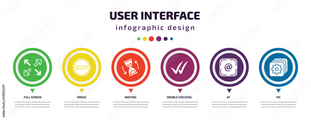 Poster user interface infographic element with icons and 6 step or option. user interface icons such as ful