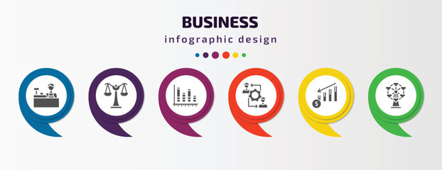 business infographic template with icons and 6 step or option. business icons such as supermarket cashier, scale in balance, bars graphic, rearrange, profit chart, big ferris wheel vector. can be