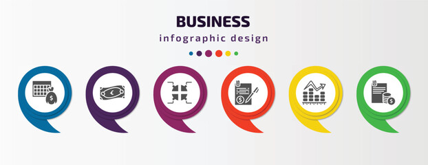 business infographic template with icons and 6 step or option. business icons such as economy games, euro bills, infographic elements, bailment, ascendant graph, stock dealing vector. can be used