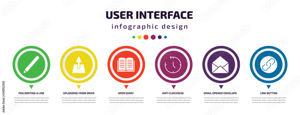 Poster user interface infographic element with icons and 6 step or option. user interface icons such as pen