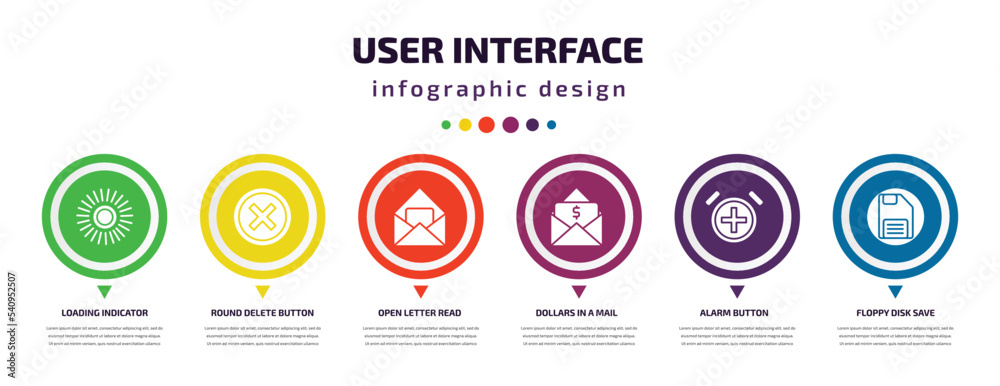 Poster user interface infographic element with icons and 6 step or option. user interface icons such as loa
