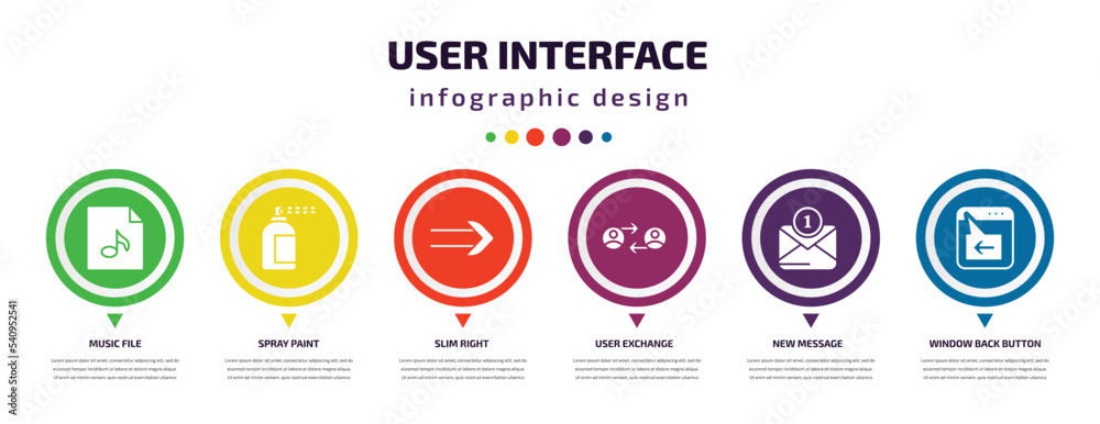 Aufkleber user interface infographic element with icons and 6 step or option. user interface icons such as mus