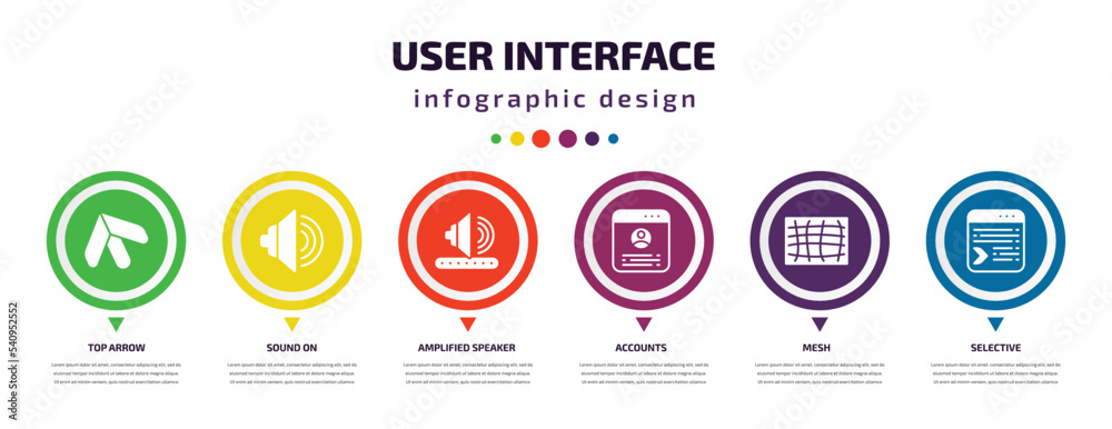 Poster user interface infographic element with icons and 6 step or option. user interface icons such as top