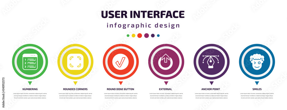 Poster user interface infographic element with icons and 6 step or option. user interface icons such as numbering, rounded corners square, round done button, external, anchor point, smiles vector. can be