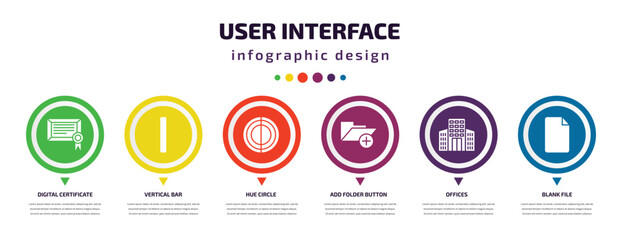 user interface infographic element with icons and 6 step or option. user interface icons such as digital certificate, vertical bar, hue circle, add folder button, offices, blank file vector. can be