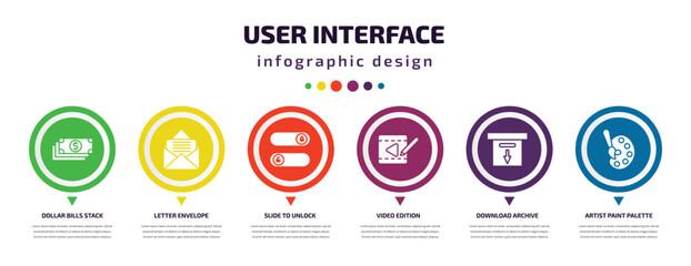 user interface infographic element with icons and 6 step or option. user interface icons such as dollar bills stack, letter envelope, slide to unlock, video edition, download archive, artist paint