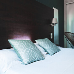 Détails sur Chambre d'hotel design avec ambiance froide et lit double