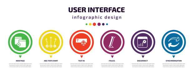 user interface infographic element with icons and 6 step or option. user interface icons such as new page, abc item chart, text in, italics, disconnect, synchronisation vector. can be used for