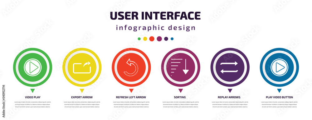 Poster user interface infographic element with icons and 6 step or option. user interface icons such as vid