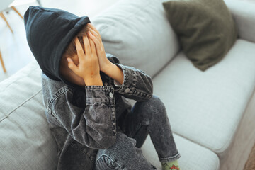 Alone child boy fear stressful depressed emotion. Crying begging help.stop abusing domestic violence, person with health anxiety, people bad frustrated exhausted feeling down