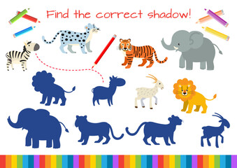 Educational mini-game for children. Find the correct shadow. Cartoon vector illustration