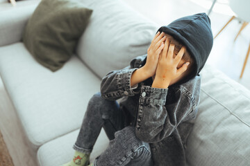 Alone child boy fear stressful depressed emotion. Crying begging help.stop abusing domestic violence, person with health anxiety, people bad frustrated exhausted feeling down