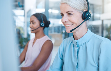 Call center, woman and headphones, phone call and contact, tech support or customer help desk...