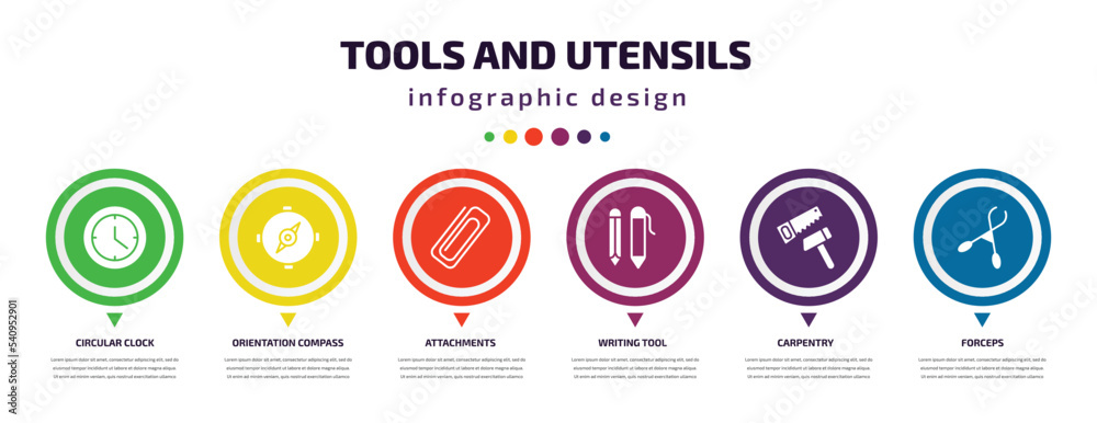 Poster tools and utensils infographic element with icons and 6 step or option. tools and utensils icons suc