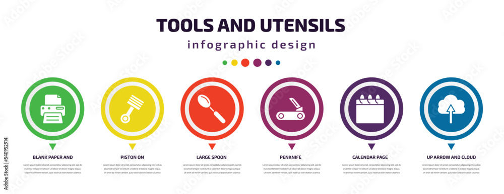 Poster tools and utensils infographic element with icons and 6 step or option. tools and utensils icons suc
