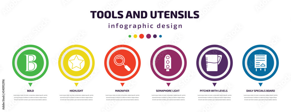 Poster tools and utensils infographic element with icons and 6 step or option. tools and utensils icons suc