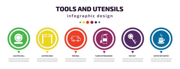 tools and utensils infographic element with icons and 6 step or option. tools and utensils icons such as electric bell, clothes rack, postage, flame extinguisher, tiny key, cup of hot coffee vector.