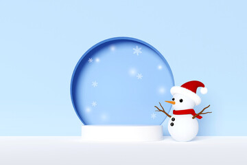 3D rendering snowman and white product display stand on snowy pastel light blue background.