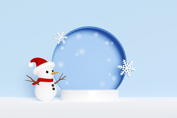 3D rendering snowman and white product display stand on snowy pastel light blue background.