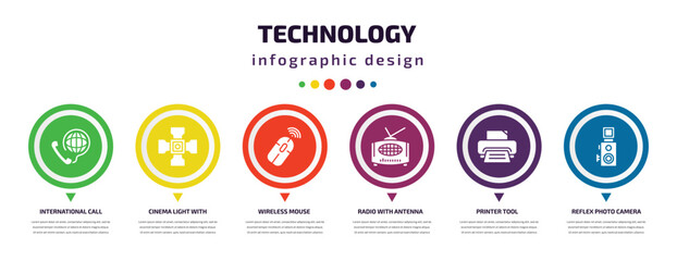 technology infographic element with icons and 6 step or option. technology icons such as international call, cinema light with cable, wireless mouse, radio with antenna, printer tool, reflex photo