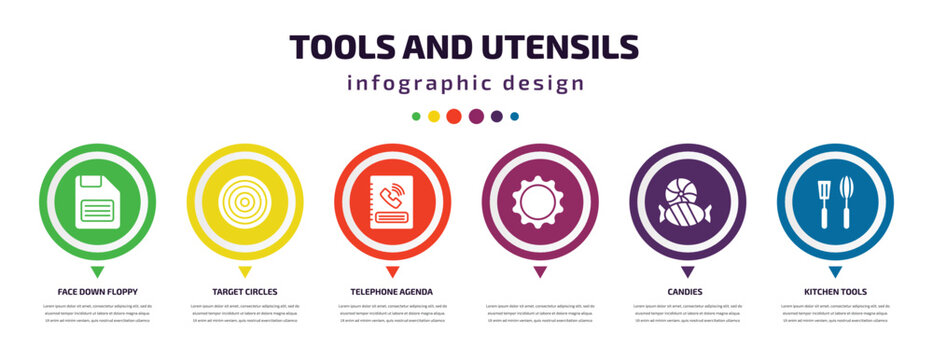 tools and utensils infographic element with icons and 6 step or option. tools and utensils icons such as face down floppy disk, target circles, telephone agenda, , candies, kitchen tools vector.