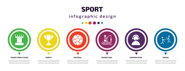 sport infographic element with icons and 6 step or option. sport icons such as tower from a chess, trophy, football, fishing man, commentator, boxing vector. can be used for banner, info graph, web,
