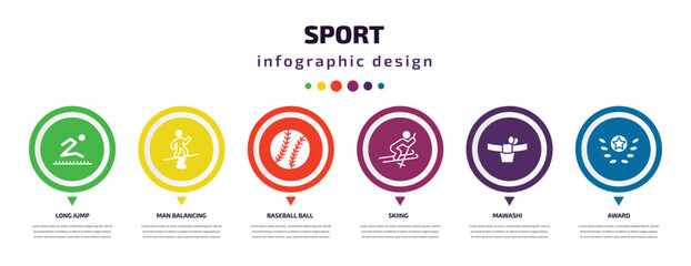 sport infographic element with icons and 6 step or option. sport icons such as long jump, man balancing, baseball ball, skiing, mawashi, award vector. can be used for banner, info graph, web,