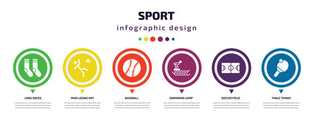 sport infographic element with icons and 6 step or option. sport icons such as long socks, man losing hat, baseball, swimming jump, soccer field, table tennis vector. can be used for banner, info