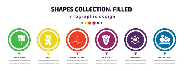 shapes collection. filled infographic element with icons and 6 step or option. shapes collection. filled icons such as minus front, toys, engine coolant, sailor skull, framework, wedding night