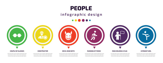 people infographic element with icons and 6 step or option. people icons such as couple of glasses, constructor, devil head with horns, running at finish line, man holding a flag, gymnast girl